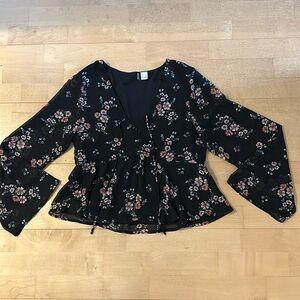 Black Floral Blouse with Bell Sleeves, Size Small